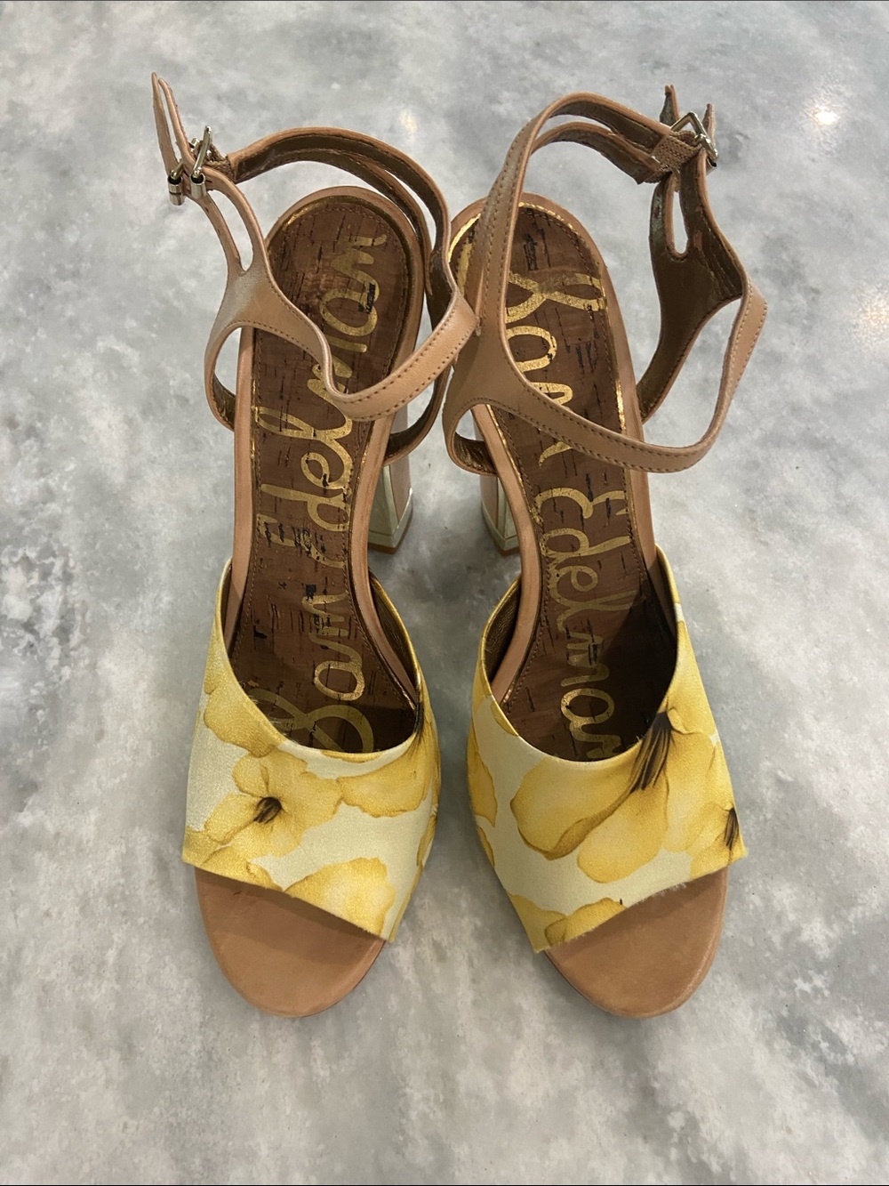 Sam Edelman Yellow Floral Open-Toe Ankle-Strap Heels